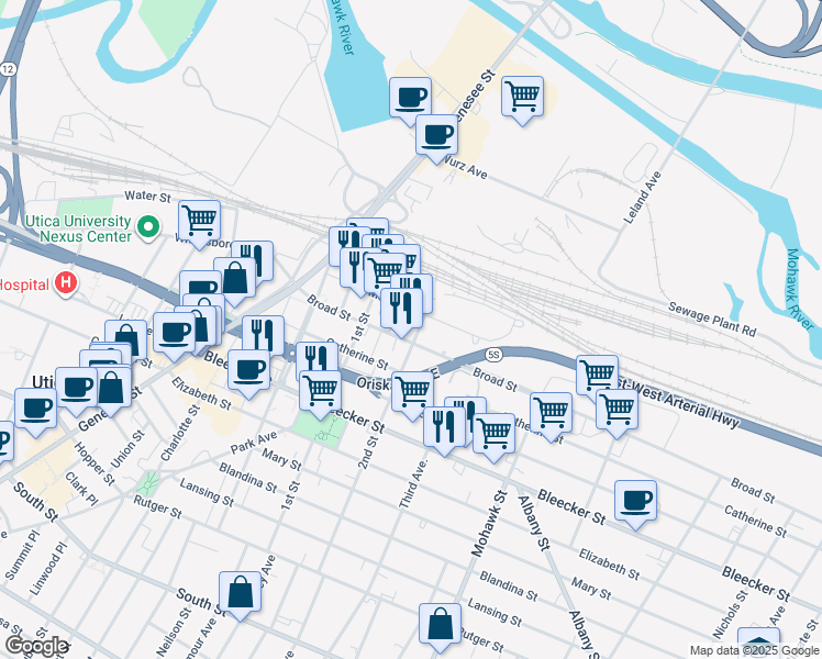 map of restaurants, bars, coffee shops, grocery stores, and more near 419 Broad Street in Utica