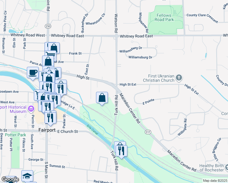 map of restaurants, bars, coffee shops, grocery stores, and more near 821 Turk Hill Road in Fairport