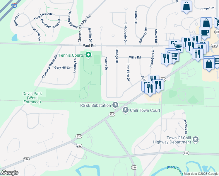 map of restaurants, bars, coffee shops, grocery stores, and more near 38 Bucky Drive in Rochester