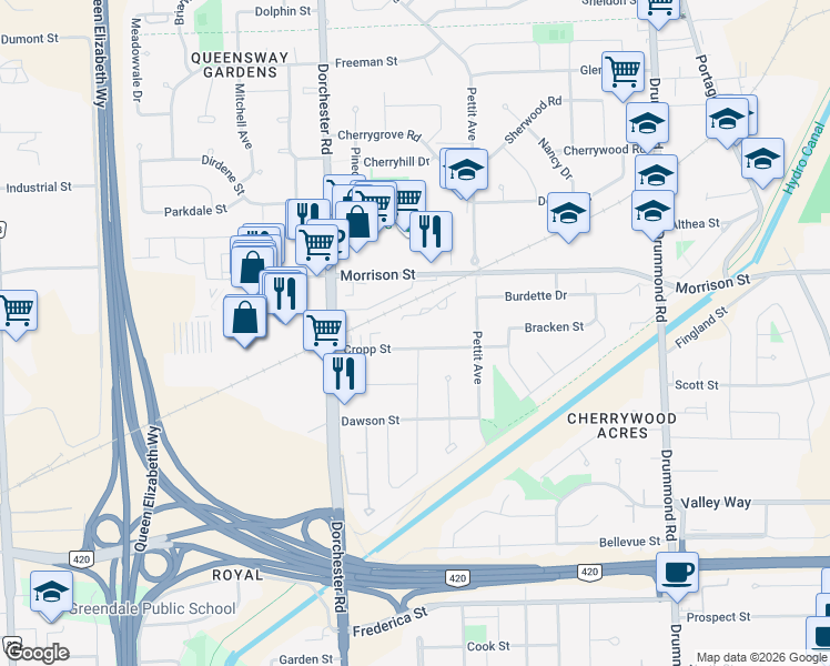 map of restaurants, bars, coffee shops, grocery stores, and more near in Niagara Falls