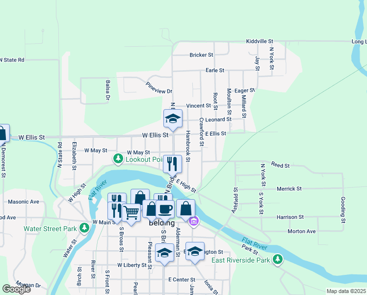 map of restaurants, bars, coffee shops, grocery stores, and more near 409 Hambrook Street in Belding