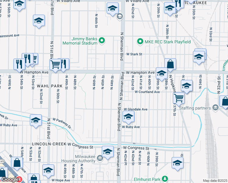 map of restaurants, bars, coffee shops, grocery stores, and more near 4685 North Sherman Boulevard in Milwaukee