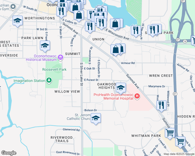map of restaurants, bars, coffee shops, grocery stores, and more near 508 East Forest Street in Oconomowoc