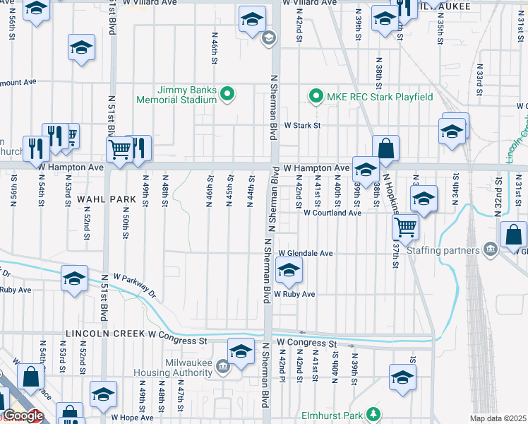 map of restaurants, bars, coffee shops, grocery stores, and more near 4685 North Sherman Boulevard in Milwaukee
