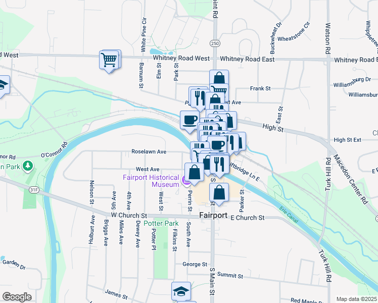 map of restaurants, bars, coffee shops, grocery stores, and more near 20 Roselawn Avenue in Fairport