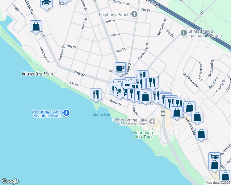 map of restaurants, bars, coffee shops, grocery stores, and more near 406 1st Street in Liverpool