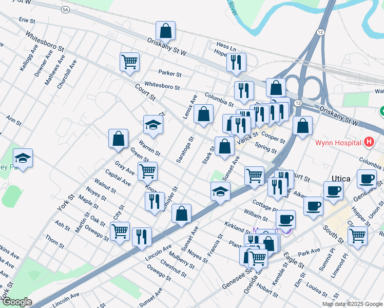 map of restaurants, bars, coffee shops, grocery stores, and more near 930 Schuyler Street in Utica