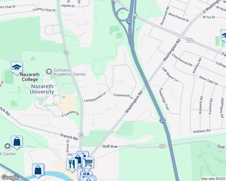 map of restaurants, bars, coffee shops, grocery stores, and more near 15 Landsdowne Lane in Rochester