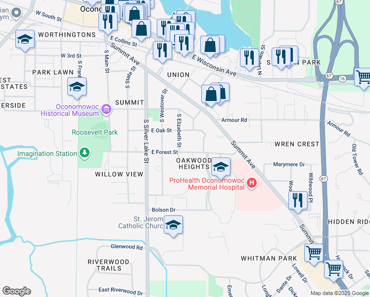 map of restaurants, bars, coffee shops, grocery stores, and more near 508 East Forest Street in Oconomowoc