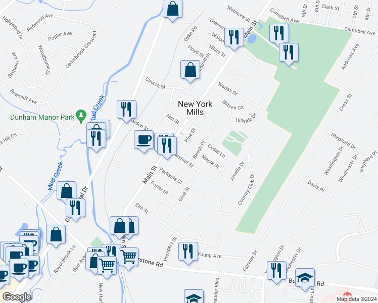 map of restaurants, bars, coffee shops, grocery stores, and more near 16 Maple Street in New York Mills