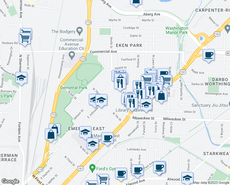 map of restaurants, bars, coffee shops, grocery stores, and more near 2557 East Johnson Street in Madison