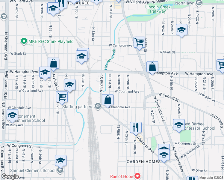 map of restaurants, bars, coffee shops, grocery stores, and more near 4669 North 30th Street in Milwaukee