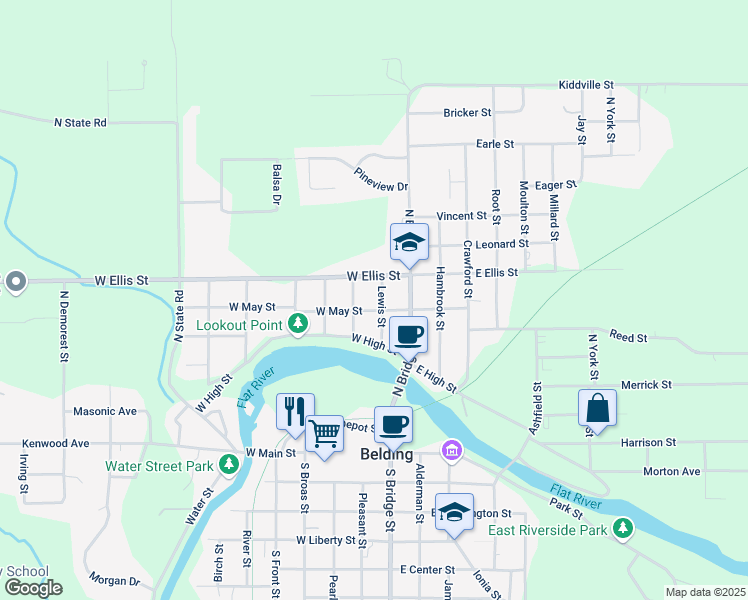 map of restaurants, bars, coffee shops, grocery stores, and more near 220 West May Street in Belding