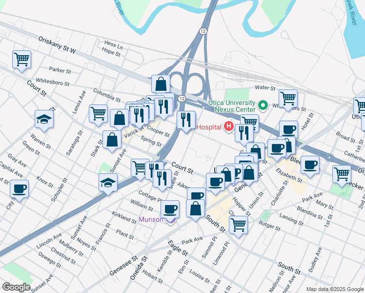 map of restaurants, bars, coffee shops, grocery stores, and more near 704 State Street in Utica
