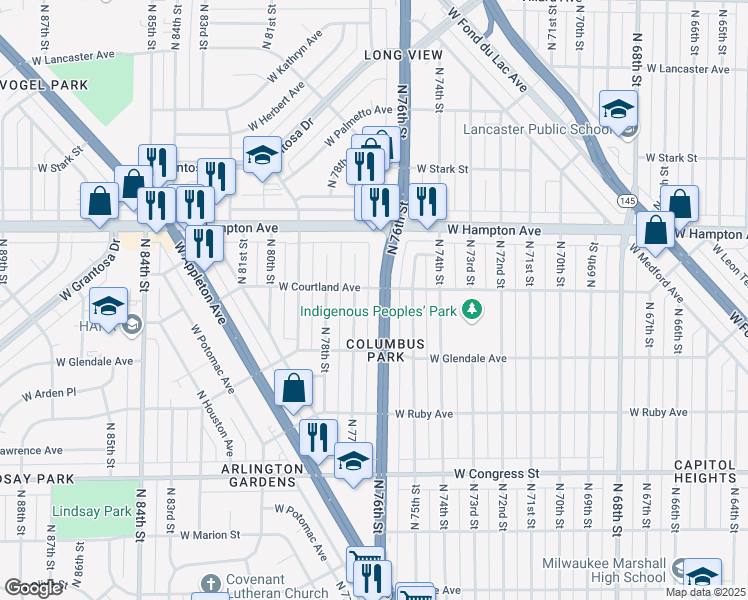 map of restaurants, bars, coffee shops, grocery stores, and more near 4673 North 76th Street in Milwaukee