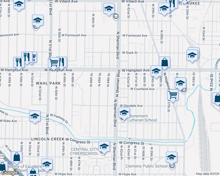 map of restaurants, bars, coffee shops, grocery stores, and more near 4685 North Sherman Boulevard in Milwaukee