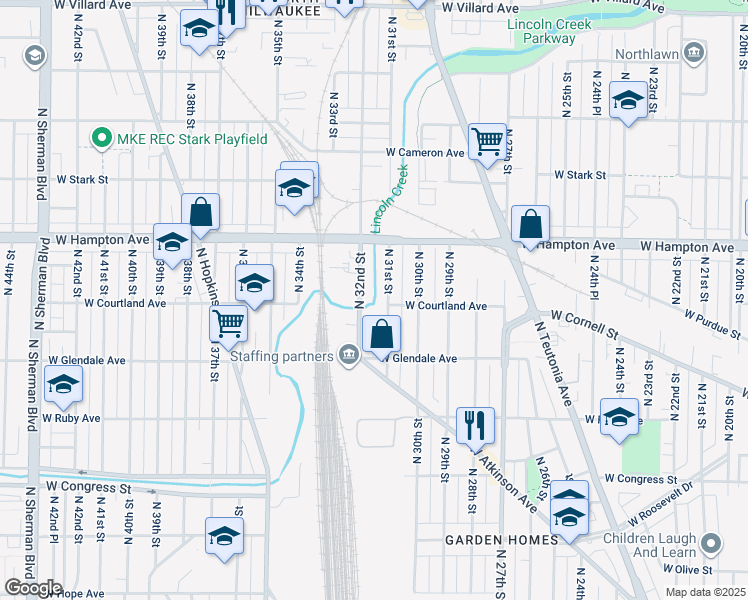 map of restaurants, bars, coffee shops, grocery stores, and more near 3103 West Hampton Avenue in Milwaukee