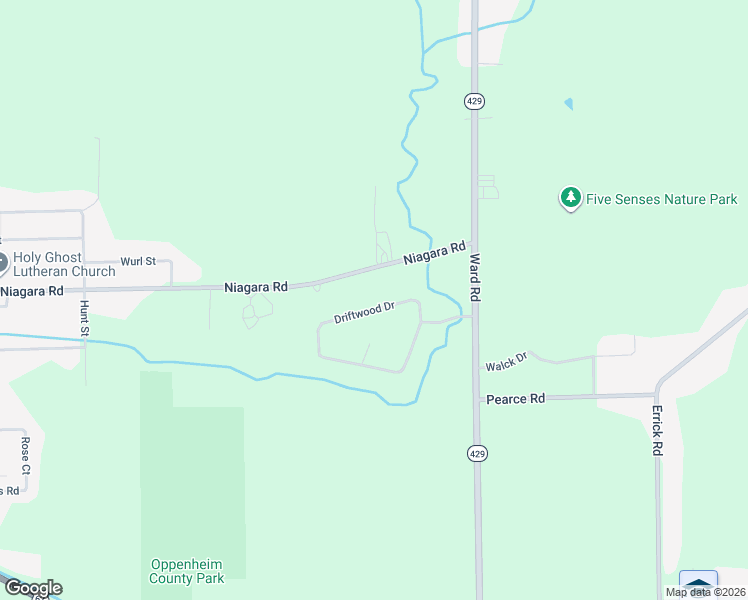 map of restaurants, bars, coffee shops, grocery stores, and more near 2777 Driftwood Drive in Niagara Falls