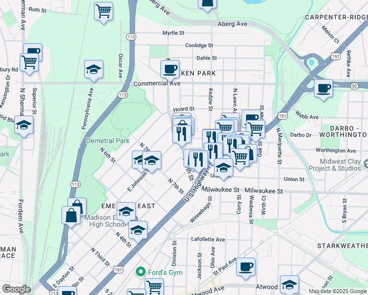 map of restaurants, bars, coffee shops, grocery stores, and more near 2602 East Lawn Court in Madison
