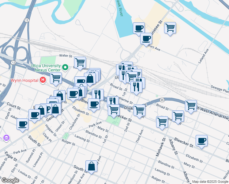 map of restaurants, bars, coffee shops, grocery stores, and more near 333 Catherine Street in Utica