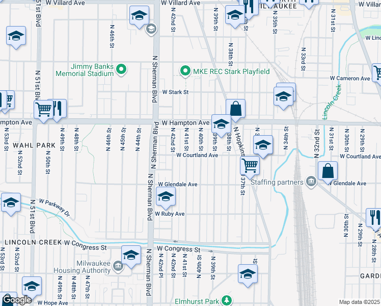 map of restaurants, bars, coffee shops, grocery stores, and more near 4677 North 40th Street in Milwaukee