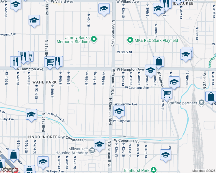map of restaurants, bars, coffee shops, grocery stores, and more near 4685 North Sherman Boulevard in Milwaukee