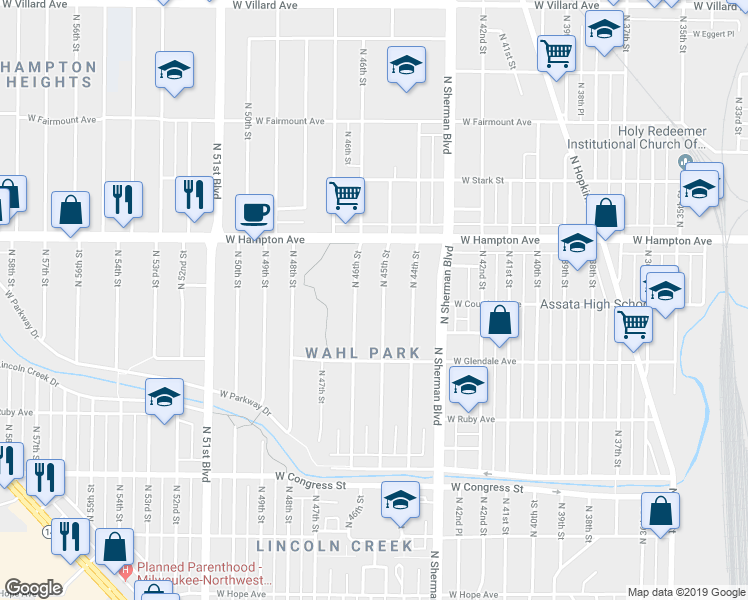 map of restaurants, bars, coffee shops, grocery stores, and more near 4676-4678 North 45th Street in Milwaukee