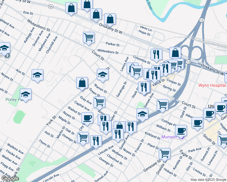 map of restaurants, bars, coffee shops, grocery stores, and more near 935 Lenox Avenue in Utica