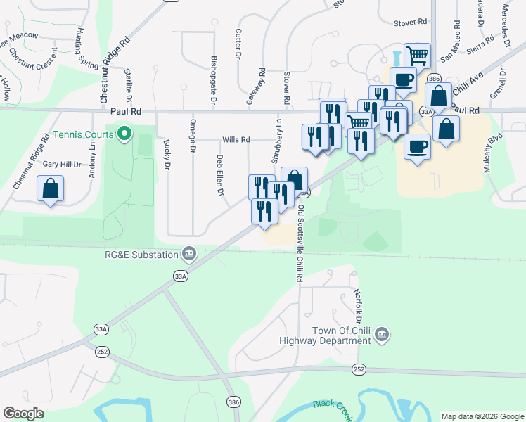 map of restaurants, bars, coffee shops, grocery stores, and more near 3308 Chili Avenue in Rochester