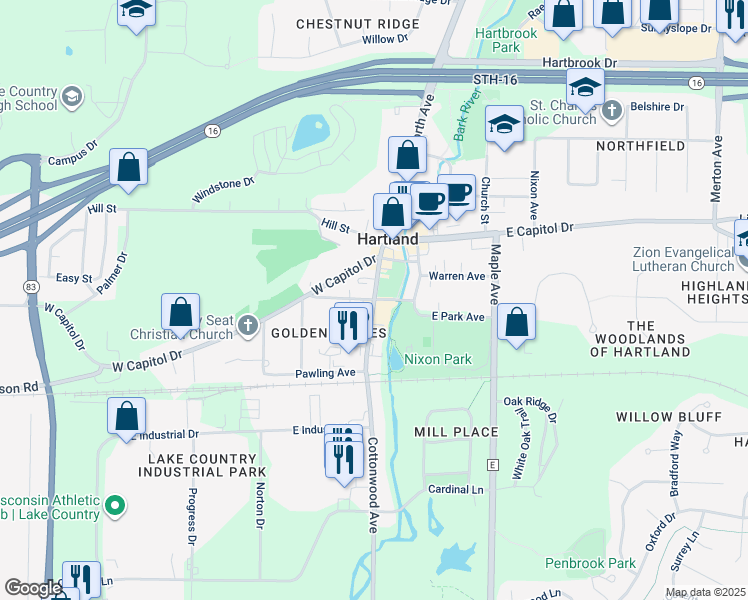 map of restaurants, bars, coffee shops, grocery stores, and more near 201 West Park Avenue in Hartland