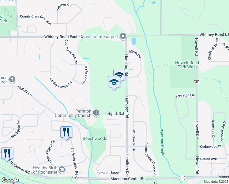 map of restaurants, bars, coffee shops, grocery stores, and more near 211 Hamilton Road in Fairport