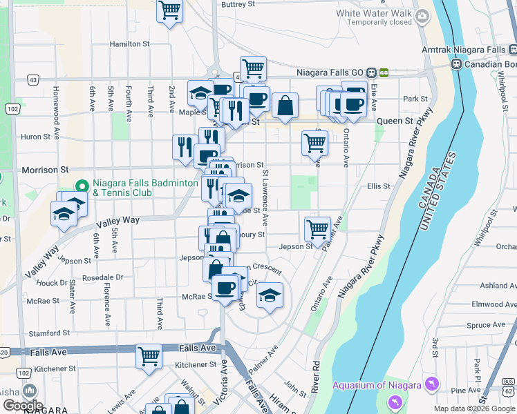 map of restaurants, bars, coffee shops, grocery stores, and more near 4677 Simcoe Street in Niagara Falls