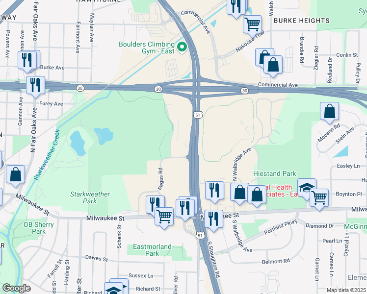 map of restaurants, bars, coffee shops, grocery stores, and more near Corporate Dr in Madison