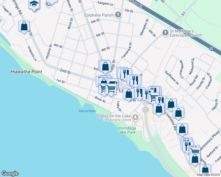 map of restaurants, bars, coffee shops, grocery stores, and more near 215 2nd Street in Liverpool