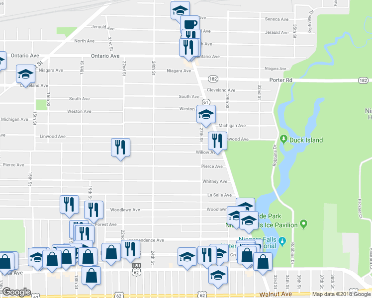map of restaurants, bars, coffee shops, grocery stores, and more near 2472 Willow Avenue in Niagara Falls
