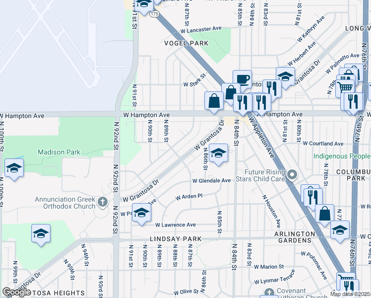 map of restaurants, bars, coffee shops, grocery stores, and more near 8644 West Grantosa Drive in Milwaukee