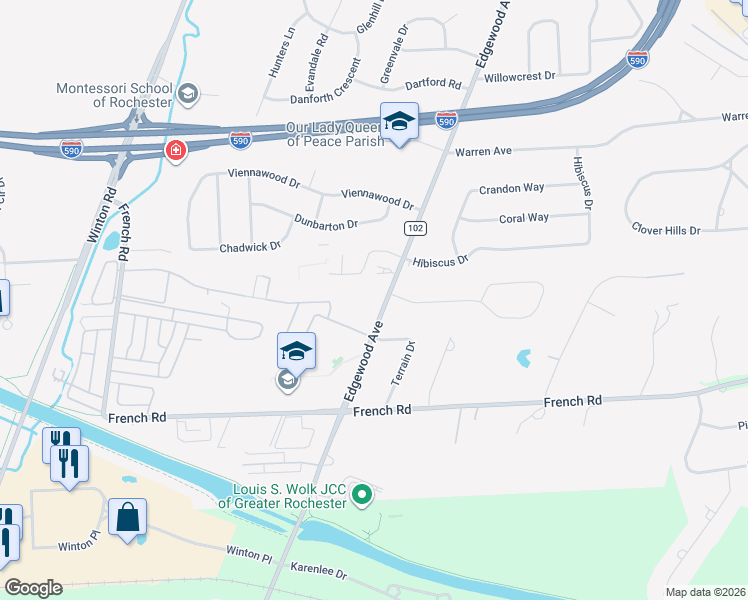 map of restaurants, bars, coffee shops, grocery stores, and more near 108 Greystone Lane in Rochester