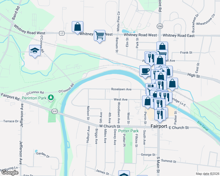 map of restaurants, bars, coffee shops, grocery stores, and more near 93 Roselawn Avenue in Fairport