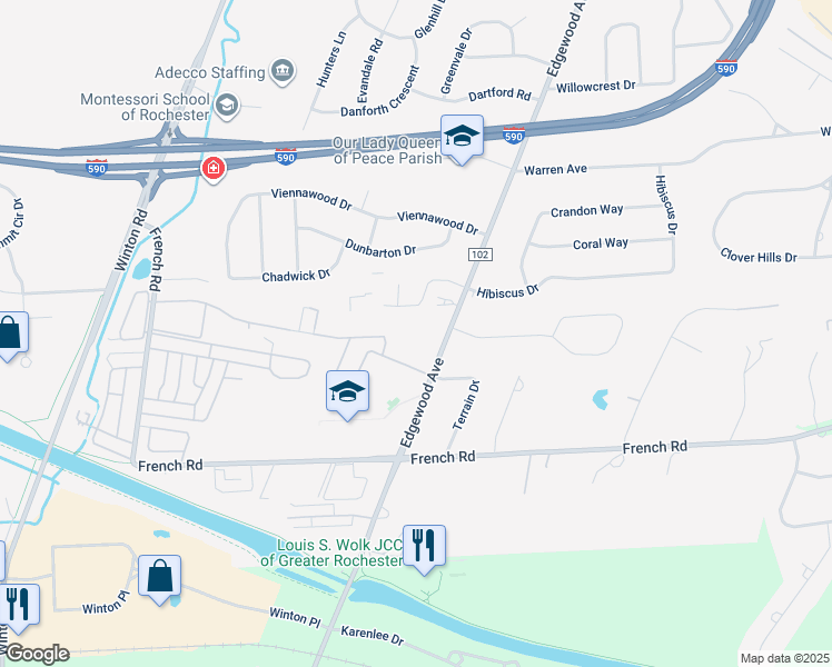 map of restaurants, bars, coffee shops, grocery stores, and more near 134 Greystone Lane in Rochester