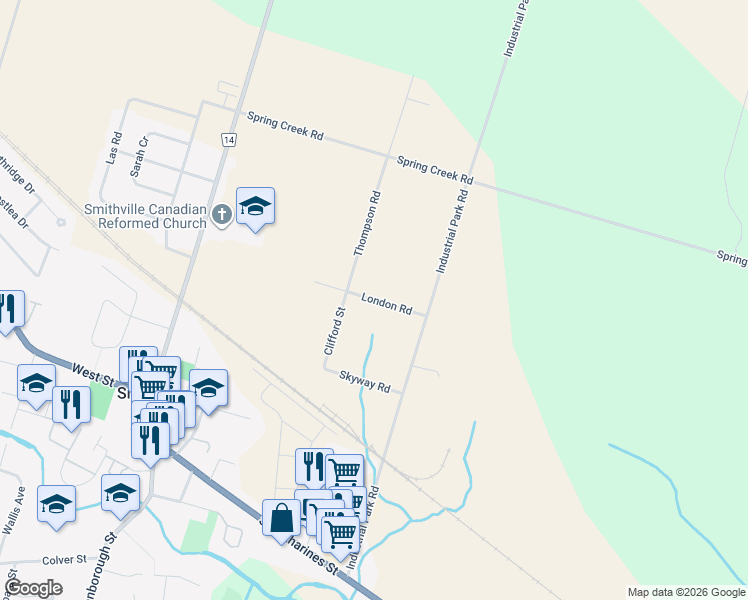 map of restaurants, bars, coffee shops, grocery stores, and more near London Road in Smithville