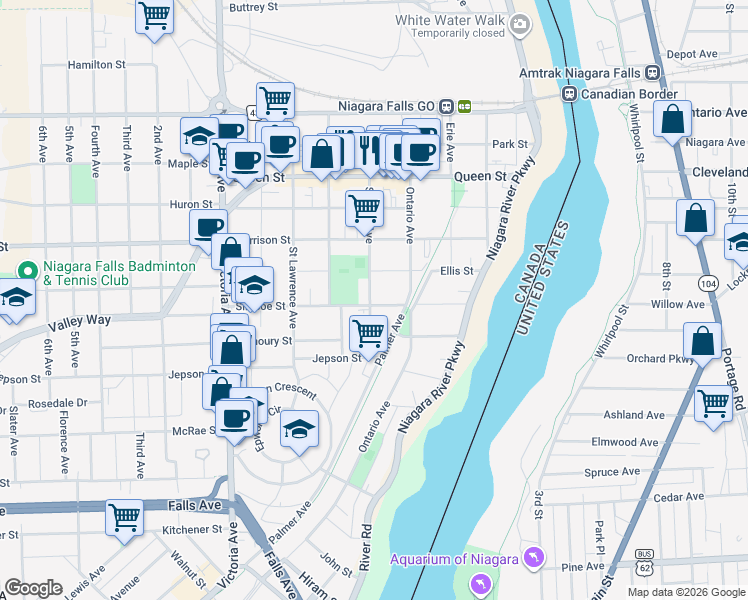 map of restaurants, bars, coffee shops, grocery stores, and more near 4465 Simcoe Street in Niagara Falls
