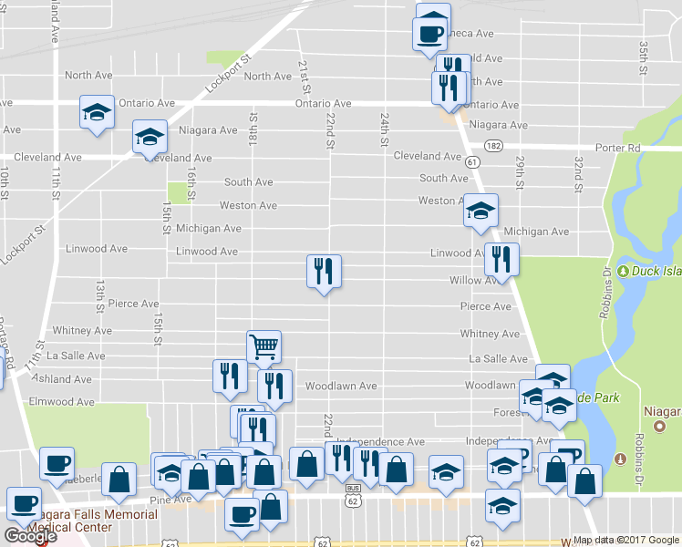 map of restaurants, bars, coffee shops, grocery stores, and more near 2212 Willow Avenue in Niagara Falls
