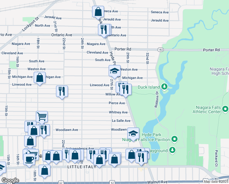 map of restaurants, bars, coffee shops, grocery stores, and more near 2705 Willow Avenue in Niagara Falls