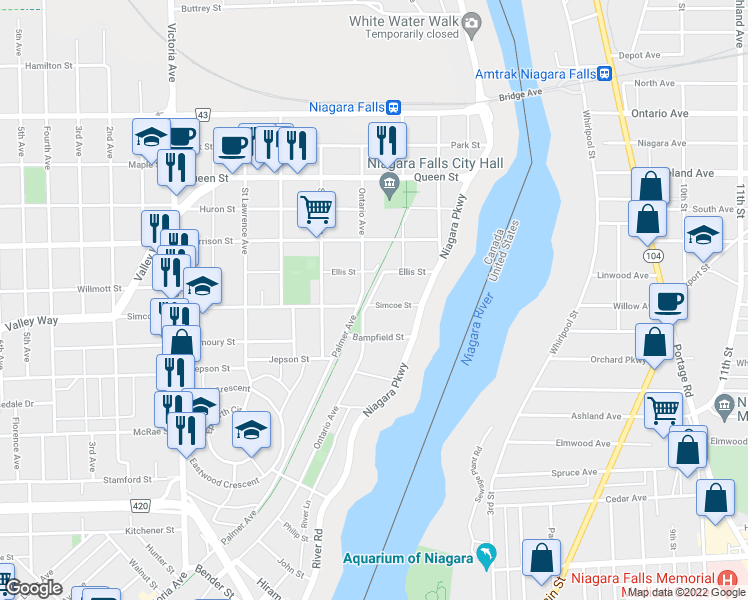map of restaurants, bars, coffee shops, grocery stores, and more near 4355 Simcoe Street in Niagara Falls