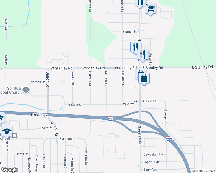 map of restaurants, bars, coffee shops, grocery stores, and more near 6448 Summit Street in Mount Morris