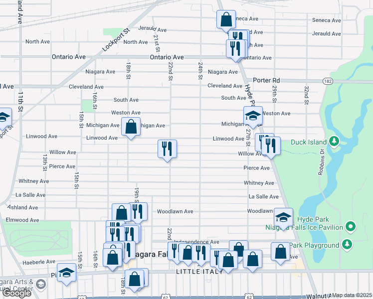 map of restaurants, bars, coffee shops, grocery stores, and more near 2225 Willow Avenue in Niagara Falls