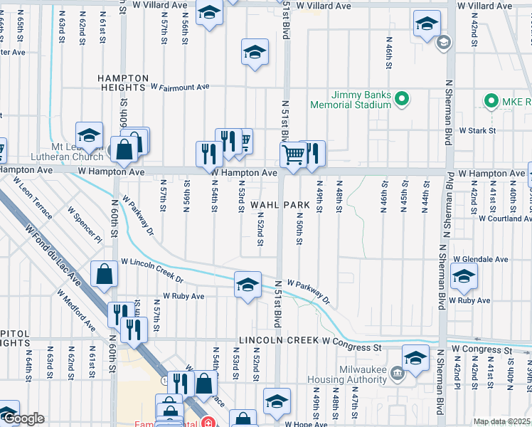 map of restaurants, bars, coffee shops, grocery stores, and more near 4671-4673 North 52nd Street in Milwaukee