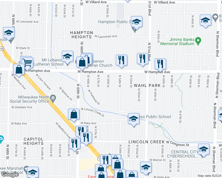 map of restaurants, bars, coffee shops, grocery stores, and more near 4675 North 56th Street in Milwaukee