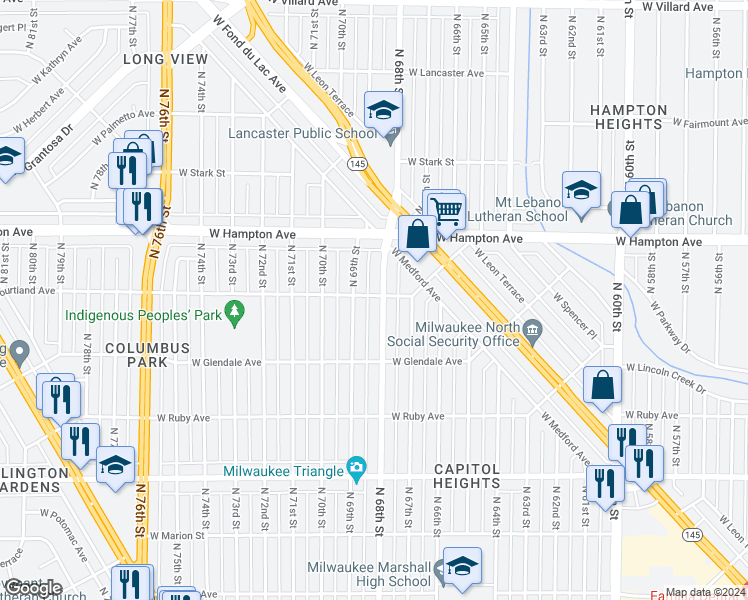 map of restaurants, bars, coffee shops, grocery stores, and more near 4677 North 68th Street in Milwaukee