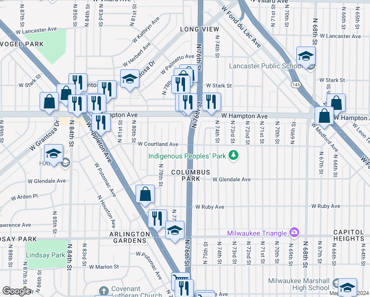 map of restaurants, bars, coffee shops, grocery stores, and more near 4662 North 77th Street in Milwaukee